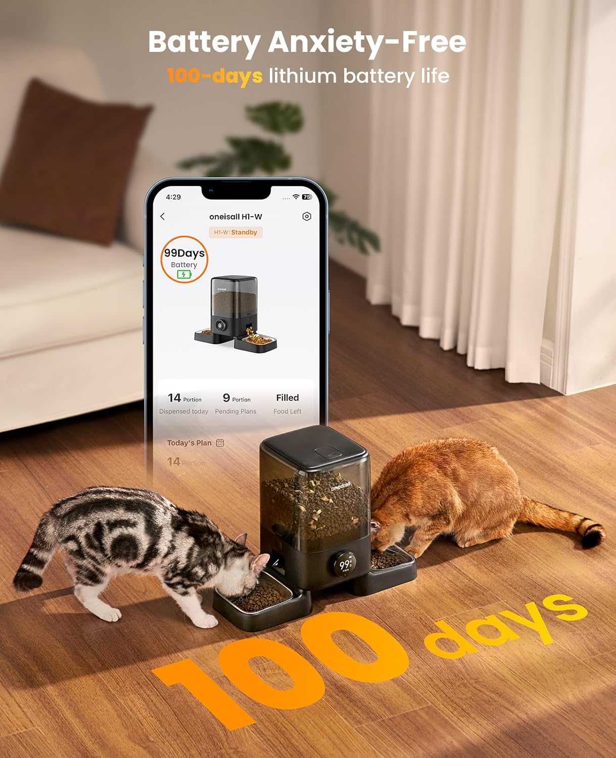 oneisall Wireless WiFi Automatic Cat Feeders 2 Cat, Rechargeable 100-Day Battery Operated Timed Cats Feeder, 20 Cups/5L Cats Food Dispenser Automatic for Large Kibble, Smart App Control.