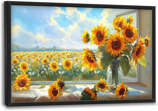 Large Sunflower Wall Art for Living Room, Framed Oversized Flower Field Wall Decor Nature Landscape Canvas Painting Modern Artwork for Living Room Bathroom Bedroom Office Dining Room 36"x24"