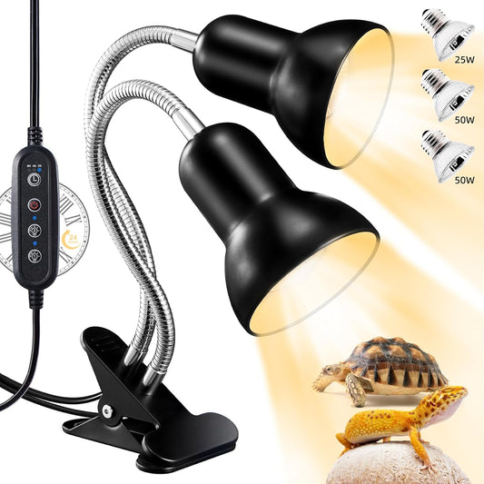 Reptile Heat Lamp, Turtle Lamp with Cycle Timer,Dual-Head UVA UVB, Heat Lamp for Lizard Reptiles,Bearded Dragon Hermit Crab Snake Turtle Basking Light, Separate Control Heat Lamp Bulb