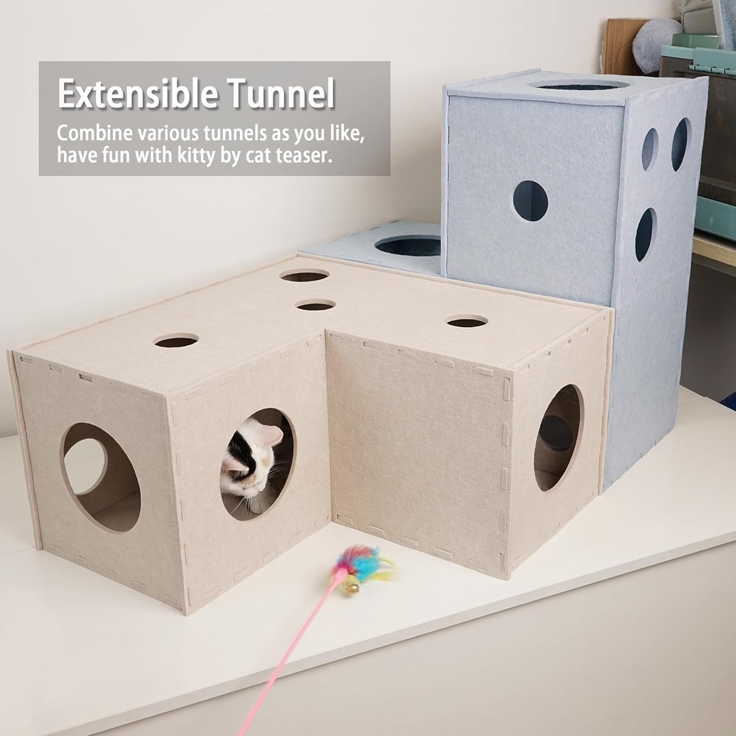 PETKARAY Cat Tunnel, Original Cat Hideaway Cave for Indoor Cats, Large Kitten Play Tubes and Tunnels, Soft Felt Cat Toy with Interactive Peek Hole