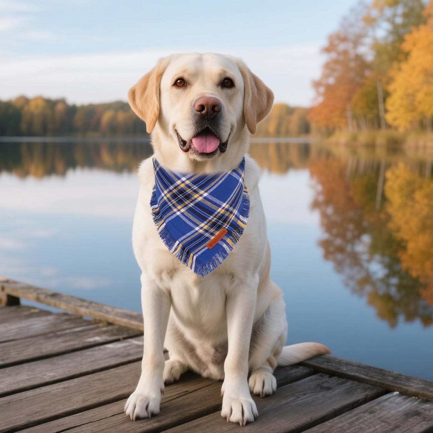 ADOGGYGO Dog Bandanas Boy with Tassels Edges, Stylish Blue Plaid Pet Scarf, Soft Cotton Fabric, Adjustable Reversible Plaid Bandanas for Medium Large Dogs (Large)