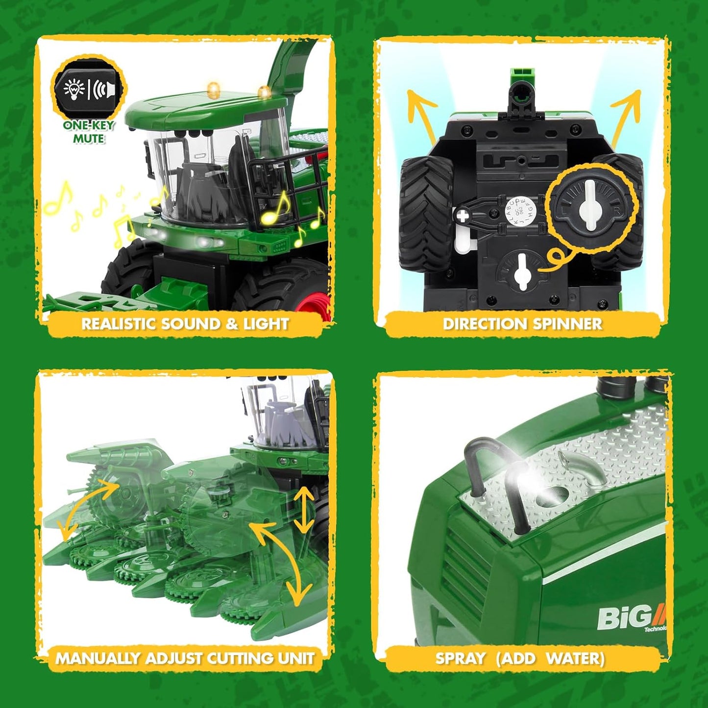 Remote Control Combine Harvester Tractor Toy, 1/24 Scale RC Harvester Toys for Kids with 2 Grian Heads/2 Rechargeable Batteries/Light, Farm Toys for 4 5 6 7 8 9 Year Old Boys Birthday Gift