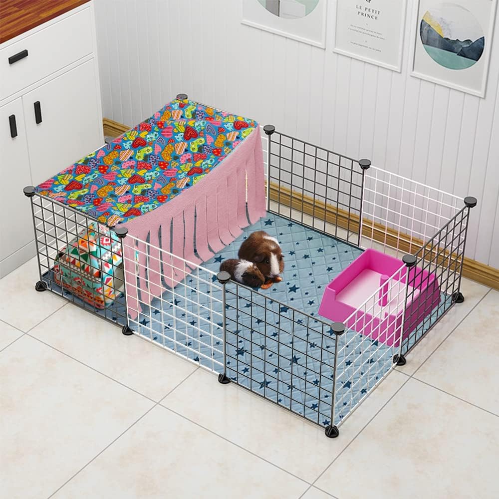 RIOUSSI Guinea Pig Hideout Hideaway Corner Fleece Toys Cage Accessories with Reversible Sides, Heart/Gray+Pink, 27"x14"x14"