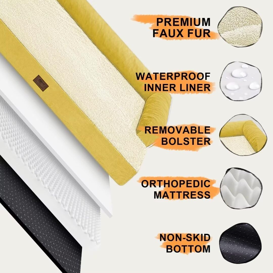 Large Dog Bed Orthopedic Washable | Beds Bolster Pet | XL Large Big Dogs | Memory Foam Couch Sofa | Waterproof with Removable Cover - Ginger Yellow Dog Bed
