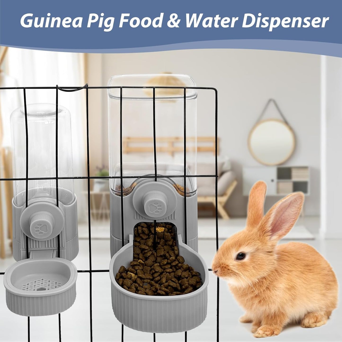 Fhiny Rabbit Food & Water Dispenser, Large Capacity Gravity Guinea Pig Feeder and Waterer Set Hanging Automatic Bunny Feeder for Cage for Bunny Guinea Pig Chinchilla Ferret Cat Puppy