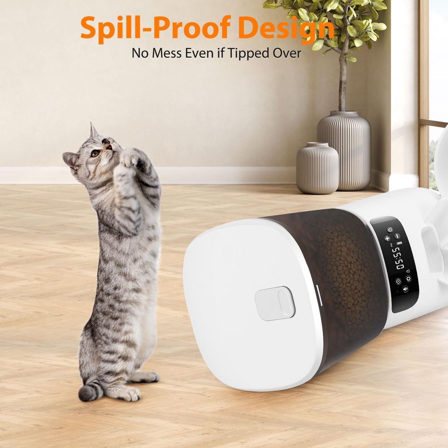 Automatic Cat Feeders for Two Cats, 5L/20 Cups Double Automatic Cat Food Dispenser with 2 Stainless Bowls, Timer Setting 20 Portions 6 Meals Per Day, 10s Meal Call, Pet Feeder for Dog (White)