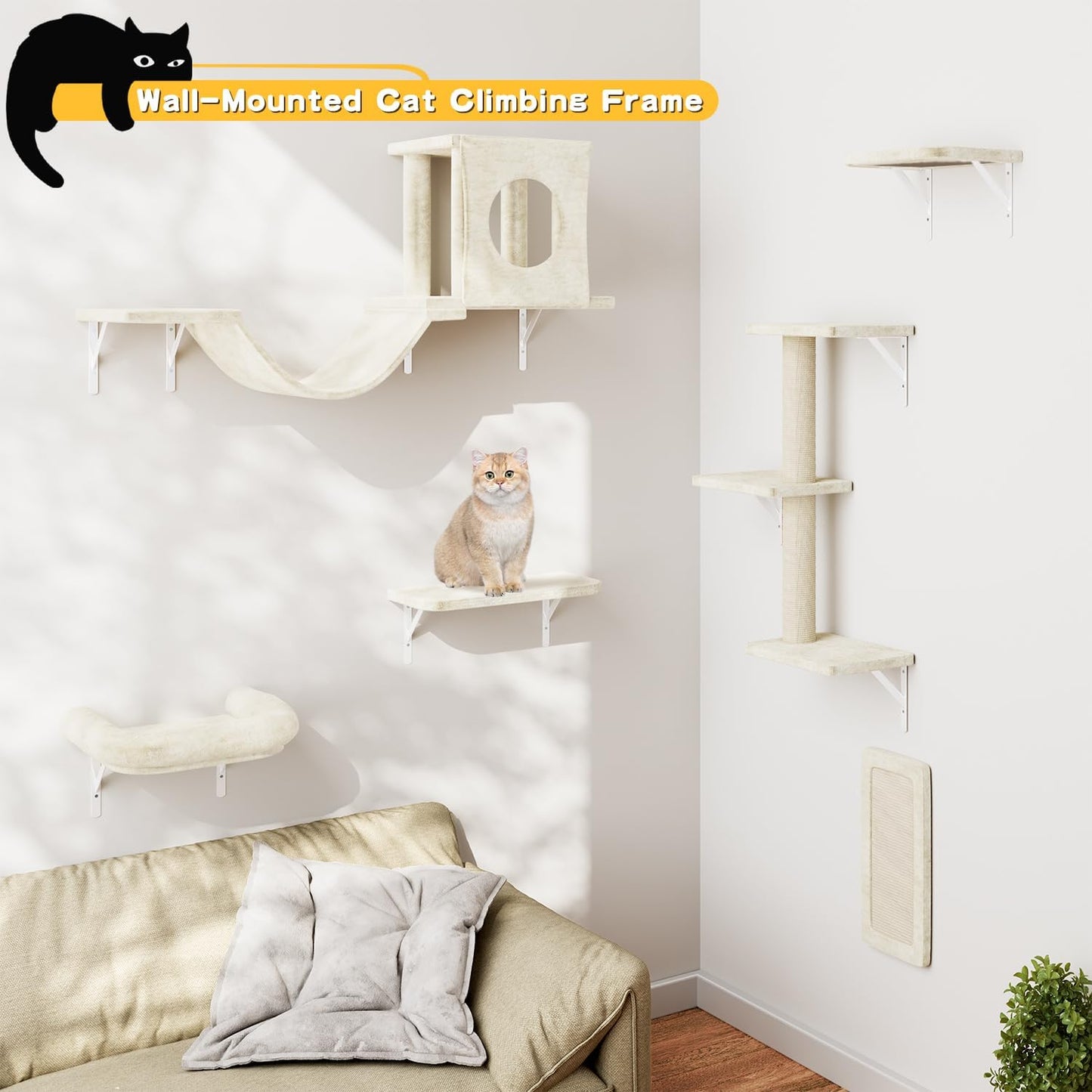 NUNU LAB Wall Mounted Cat Furniture, 6 Pcs Cat Wall Shelves with Condo House, Bridge, Steps, Scratcher, Hammock, Indoor Safe & Stable Furniture for Kittens Play, Beige
