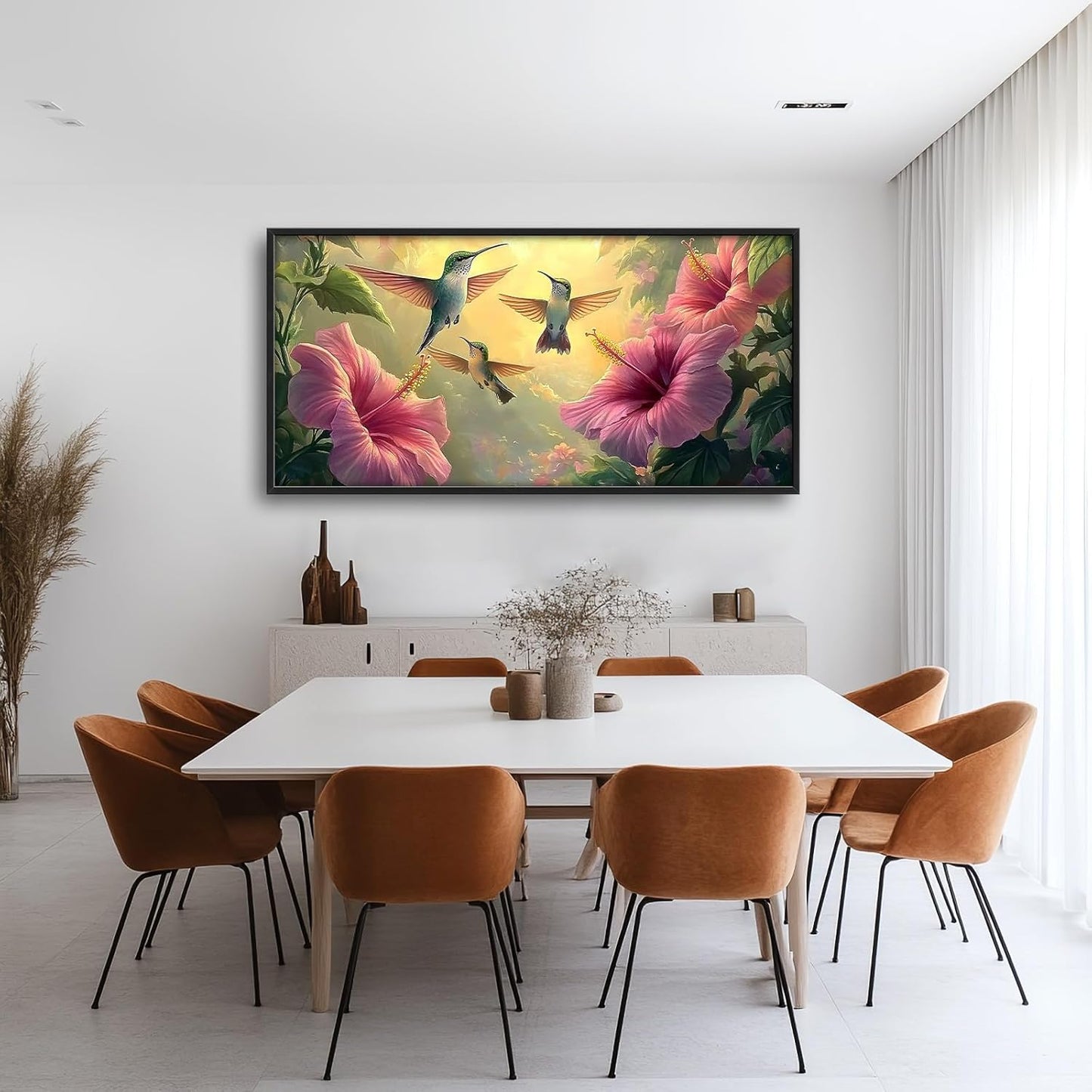 Framed Large Hummingbird Wall Art for Living Room, Oversized Rustic Bird Flower Wall Decor Floral Canvas Painting Nature Sunrise Pictures Modern Artwork for Bedroom Office Dinging Room 60"x30"