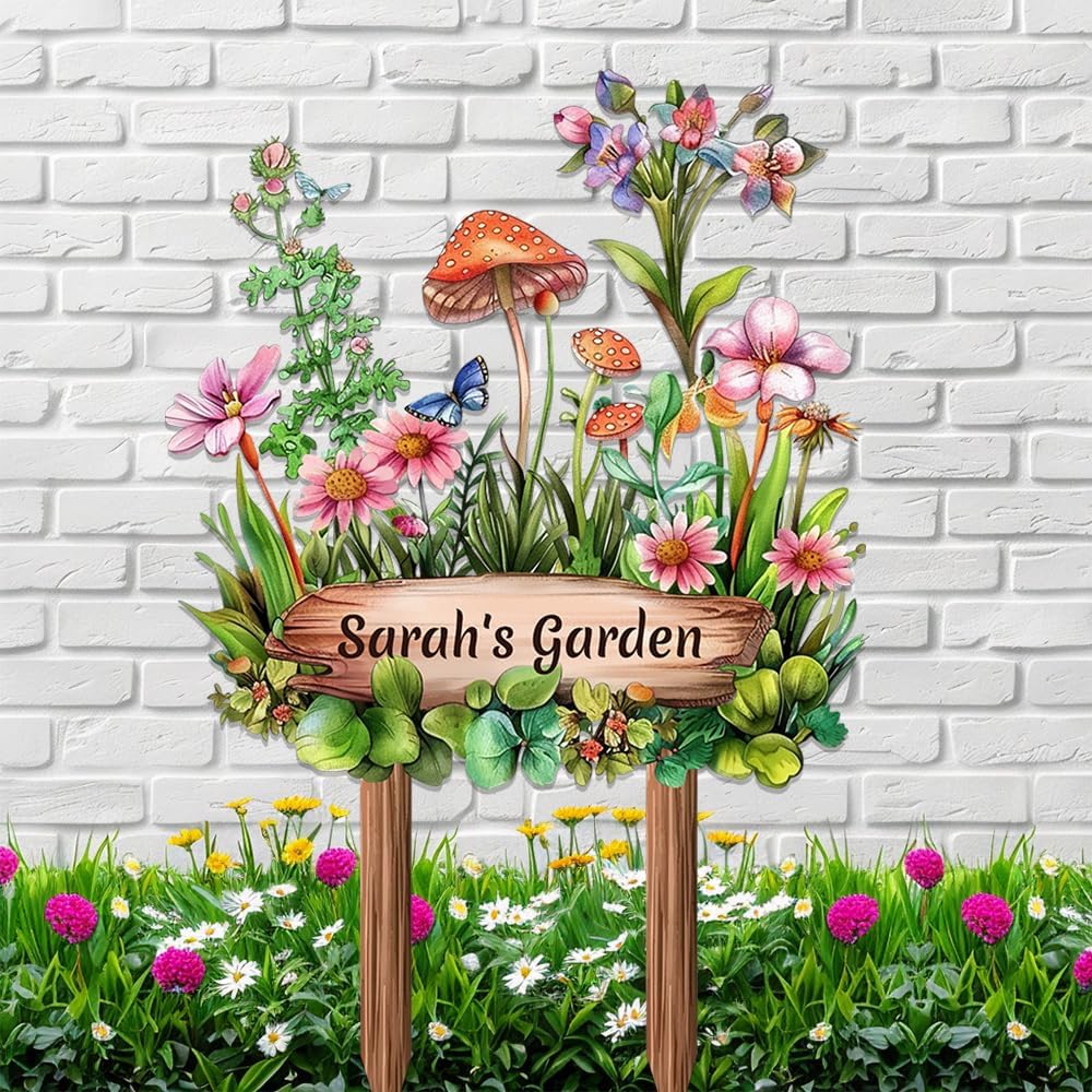 Personalized Mushroom Metal Sign with Stake,Custom Gardener Last Name Signs Outdoor Decoration,Customized Flowers Garden Accessories Decor for Grandma,Butterfly Plaques for Patio Lawn Porch Backyard