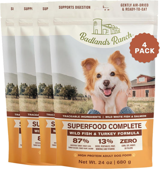 BADLANDS RANCH by Katherine Heigl- Superfood Complete, Air-Dried Adult Dog Food - High Protein, Zero Fillers, Superfood Nutrition (24 Ounce (Pack of 4), Fish & Turkey)