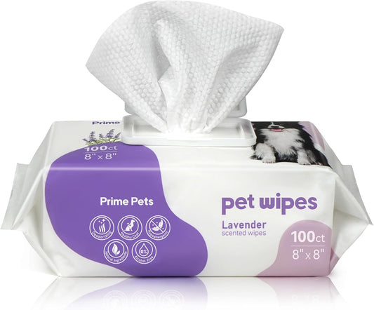 PrimePets Dog Wipes for Paws and Butt, 100 Count, 8" x 8" Hypoallergenic Pet Wipes for Dogs Cats Cleaning Deodorizing, Lavender Scented, Thick Puppy Wipes for Ears, Eyes, Body and Teeth