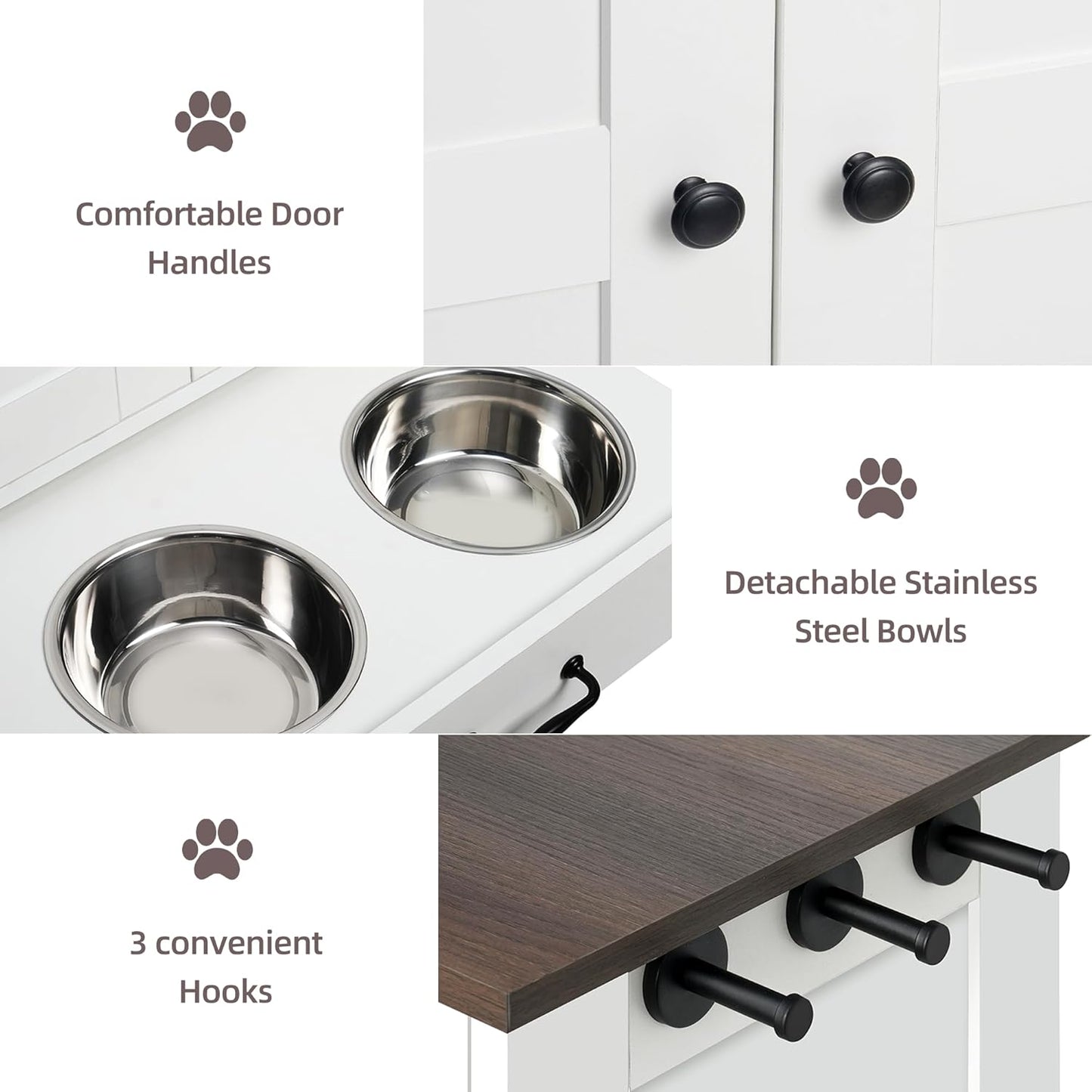 Pet Feeding Station, Dog Feeding Station, Dog Food Storage Cabinet, Pet Food Toy Organiser with 2 Elevated Bowls and Hook for Feeding and Drinking, White