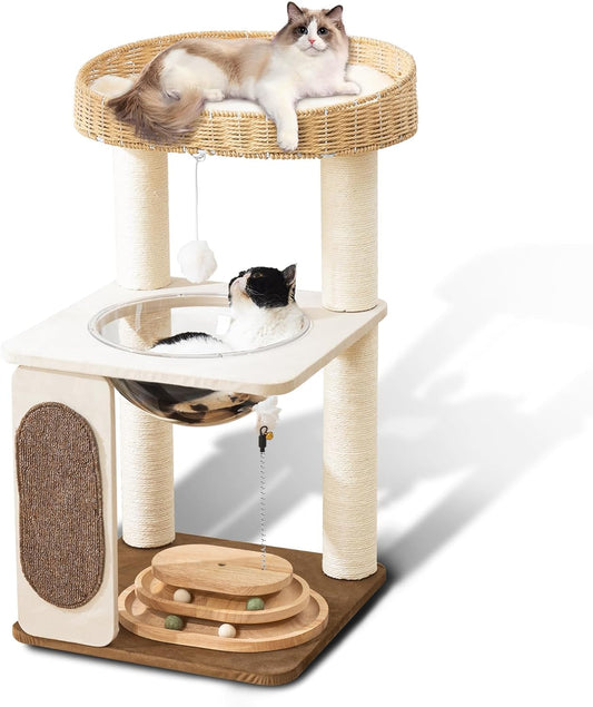 Modern Cat Tree for Indoor Cats with Sisal Rope Scratching Posts, Hand-Woven Cat Condo & Top Perch, Space Capsule Cats Nest, Cute Cat Tree with Interactive Cat Toy
