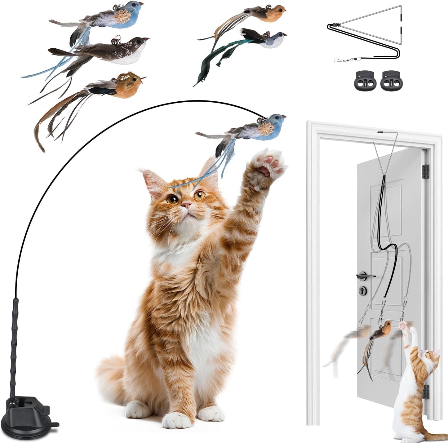 Cat Toys for Indoor Cats, Interactive Bird Cat Toy Self-Holding Suction Base with 5 Replaceable Birds, Door Hanging String, Feathers & Bells | Chase, Jump & Exercise for Kittens/Adult Cats