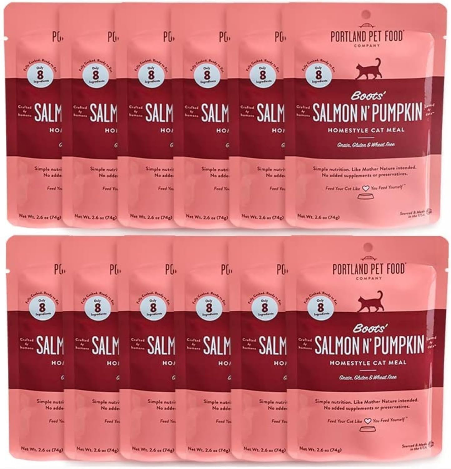 Human-Grade Mixed Variety Pack Wet Cat Food Pouch Boots' Salmon N' Pumpkin - Moist, Soft Cat Food Mixer, Topper, and Rotational Meal by Portland Pet Food Company -12 Pack
