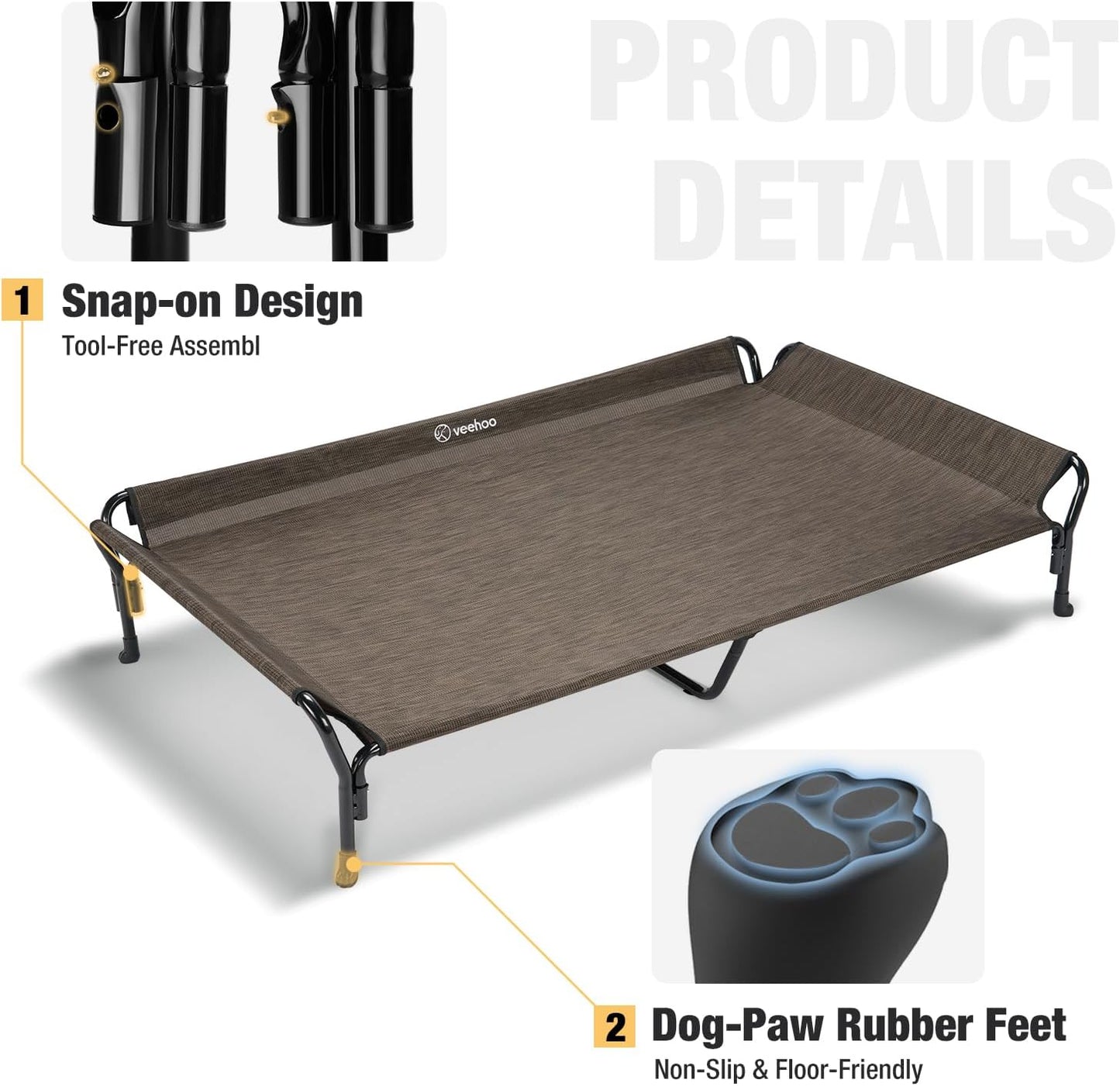 Veehoo Cooling Elevated Dog Bed, XL Raised Pet Cot with Guardrail & Slope Headrest, Durable Breathable Teslin Mesh, Non-Slip Feet, Washable Dog Couch Bed for Indoor & Outdoor, 50.5" x 33.5, Brown