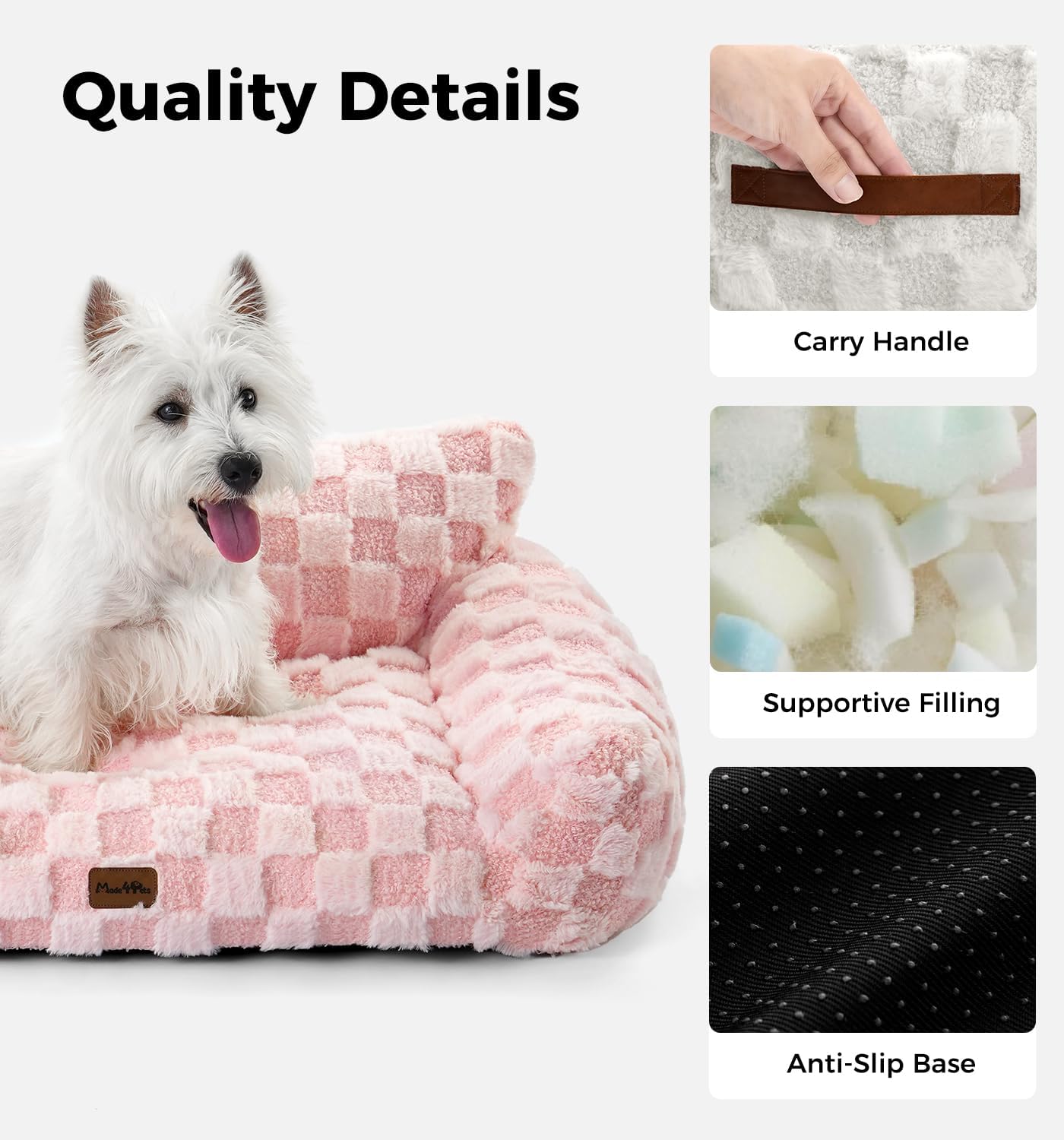 Made4Pets Cat and Dog Couch Bed, Soft Faux Fur Checkered Pet Sofa, Cozy Fluffy Pet Sofa with Supportive Foam, Removable Washable Cover with Non-Slip Base, Pink, Medium