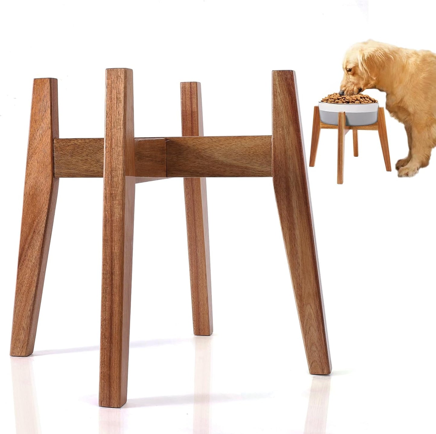 Elevated Dog Bowl Stand, Xlarge Raised Dog Bowl Station for Large Breed Pets, Dog Bowl Holder Fits Up to 11-inches Width,14-inches Height, for Water Fountain and Dishes, Acacia Wooden, Stand Only