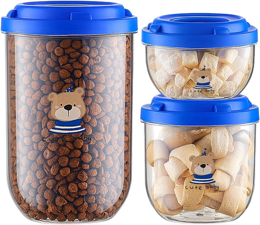 3PCS Dog Food Storage Container Set – Airtight Dog Food Container, Transparent Pet Food Storage Containers for Dog Treats, Cat Food Container, Blue, Multi-Size