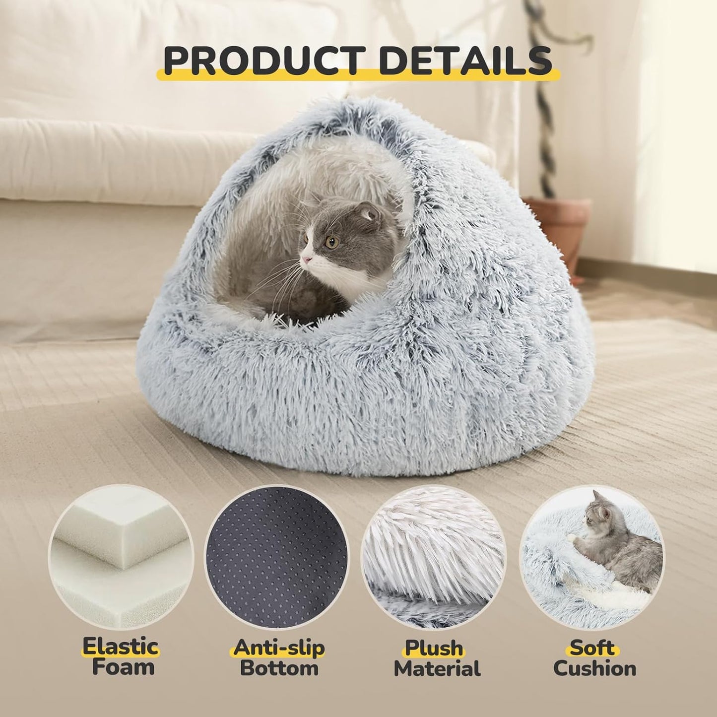 CATISM Cozy Plush Hooded Cat Bed, Indoor/Outdoor, Self-Warming Cave, Removable Washable Non-Slip Bottom