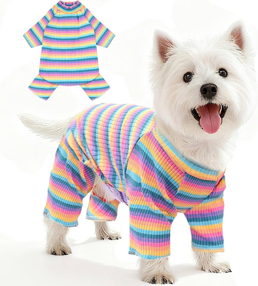 BAEJMJK Striped Dog Pajamas Stretchy Cute Four-Legged Boy Girl Dog Clothes with Sleeves Comfortable Dogs Jumpsuit Colorful Pet Puppy Outfits Apparel for Small Medium Dogs Cats(Pink,Pink,Small)