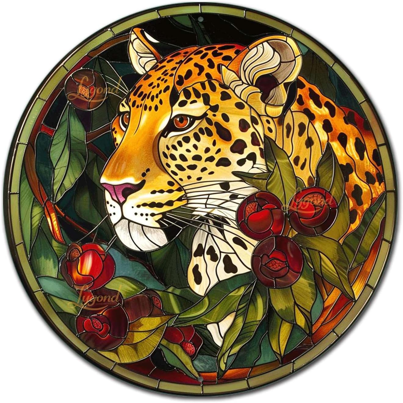 Lygond Metal Sign Tin Sign Circular Stained Glass Leopard Metal Garden Signs For Pet 8×8 Inches
