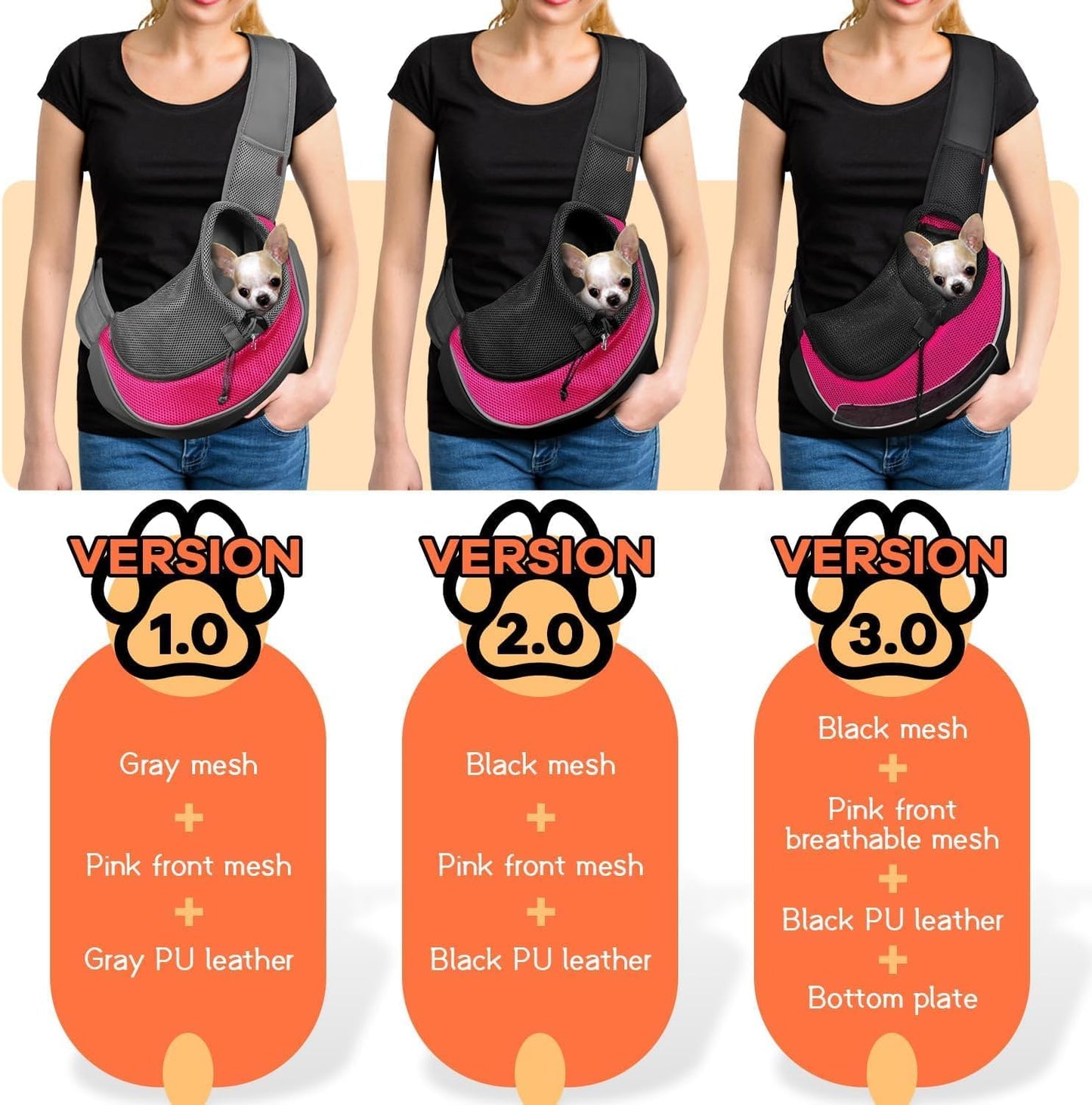 YUDODO Pet Sling Carrier for Small Dogs & Cats – Hands-Free Puppy Carrier with Safety Hook, Large Zipper Pocket, Soft Breathable Mesh, Adjustable Strap & Reflective Strip (Pink 1.0 M)