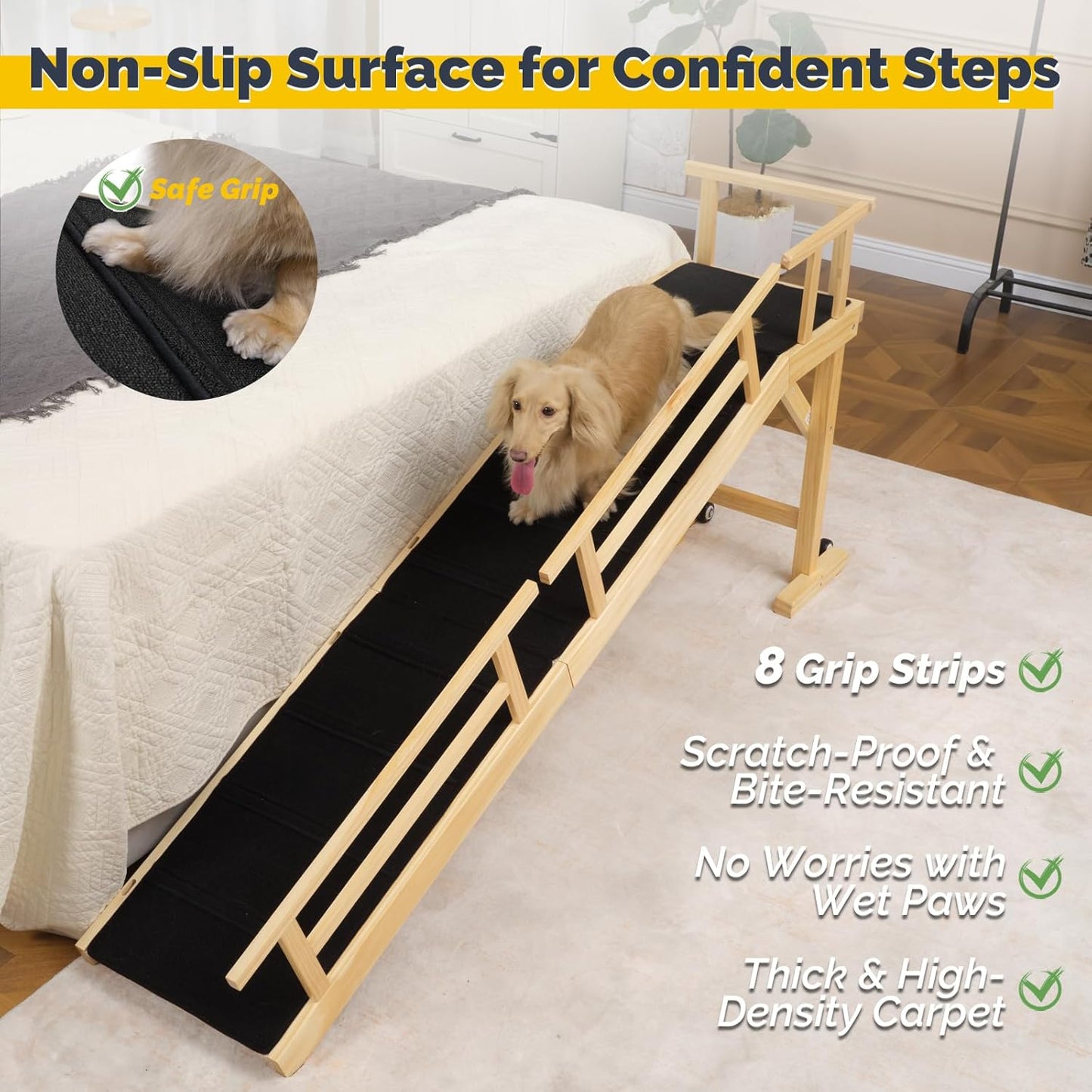 Dog Ramp for Bed or Couch, Wooden Pet Ramp with 20° Gentle Slope, Removable Side Rails, Non-Slip Surface, Top Platform & Wheels, Safe Bed Ramp for Small, Medium & Senior Dogs, 74" Long, Natural