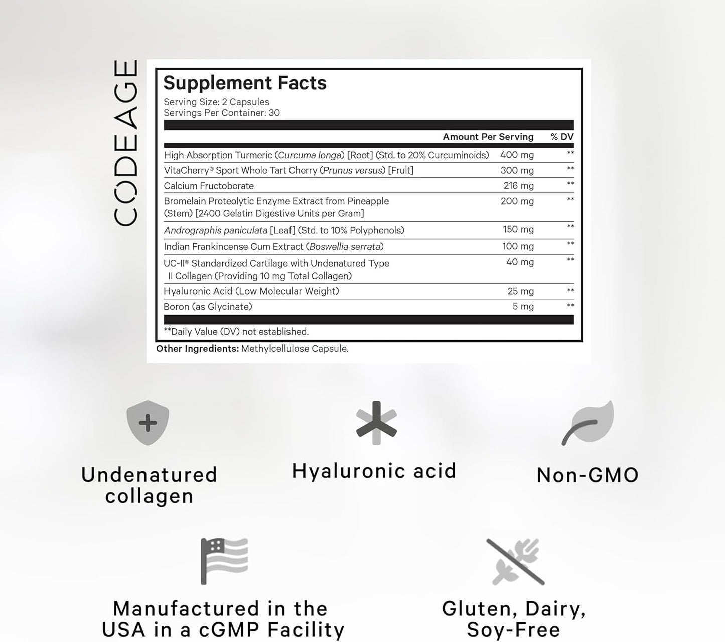 Codeage Supreme Joint Health, UC-II Collagen Capsules Type II, VitaCherry Sport Cherries, Boron, Calcium Fructoborate, Hyaluronic Acid, Turmeric, Bromelain & Boswellia Supplement, Non-GMO, 60 Count