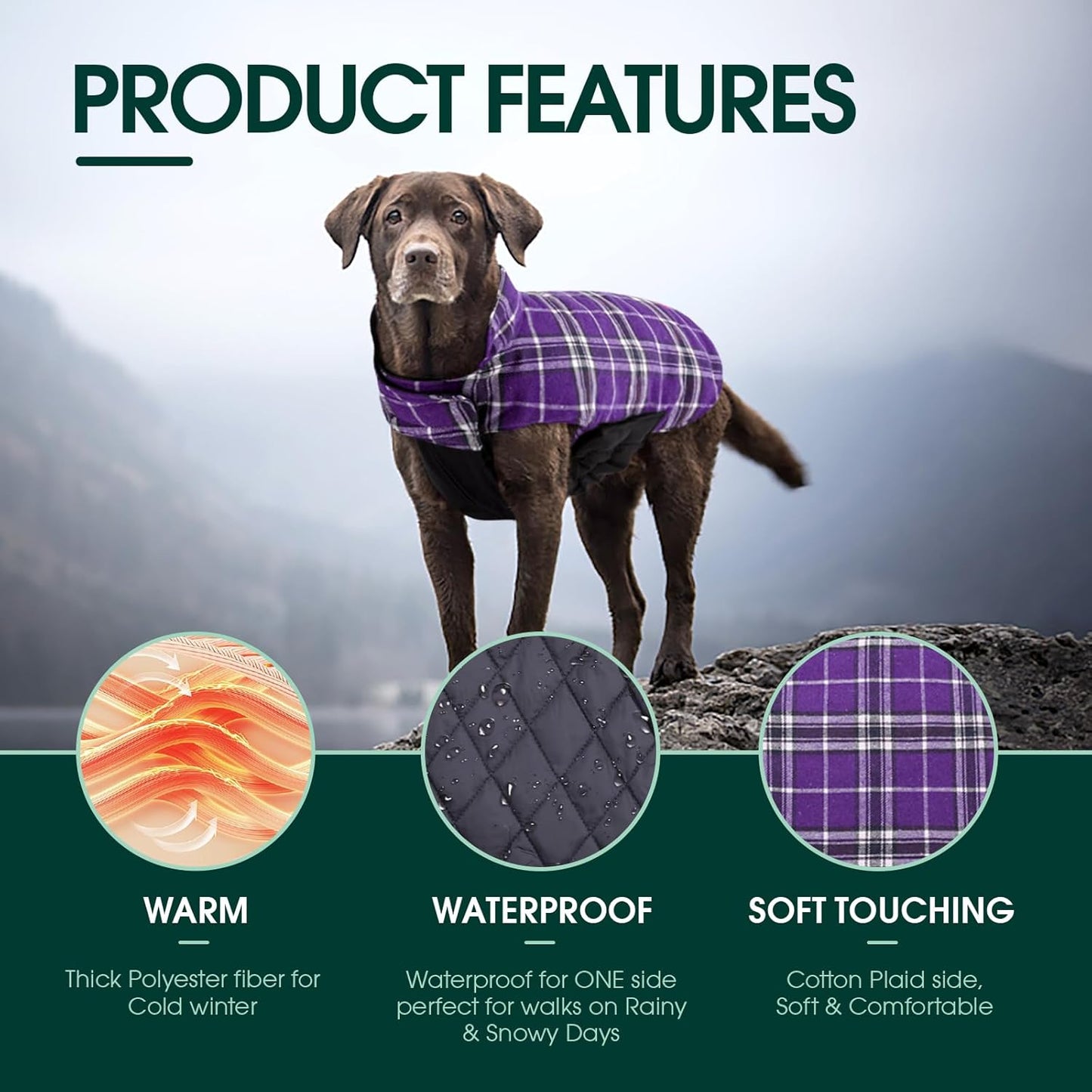 Kuoser Warm Dog Coat, Waterproof Dog Coats for X-Small Dogs, Adjustable Durable Doggie Winter Jacket Reversible Cozy Puppy Cold Weather Apparel from Small to Large Breed, Purple XS