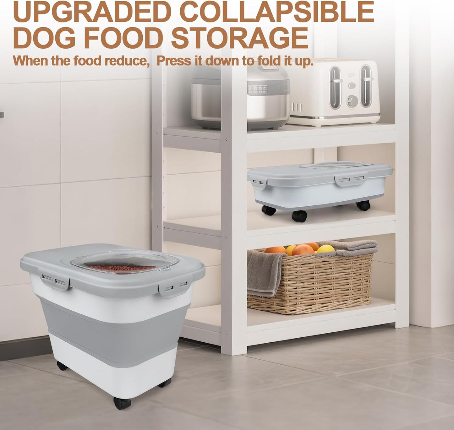Dog Food Storage Container, 10-20lbs Collapsible Dog Cat Food Containers with Airtight Clear Flip-top，Rolling Wheel and Pet Food Scoop, Pet Food Storage Container Bin for Dog Cat Bird Pets