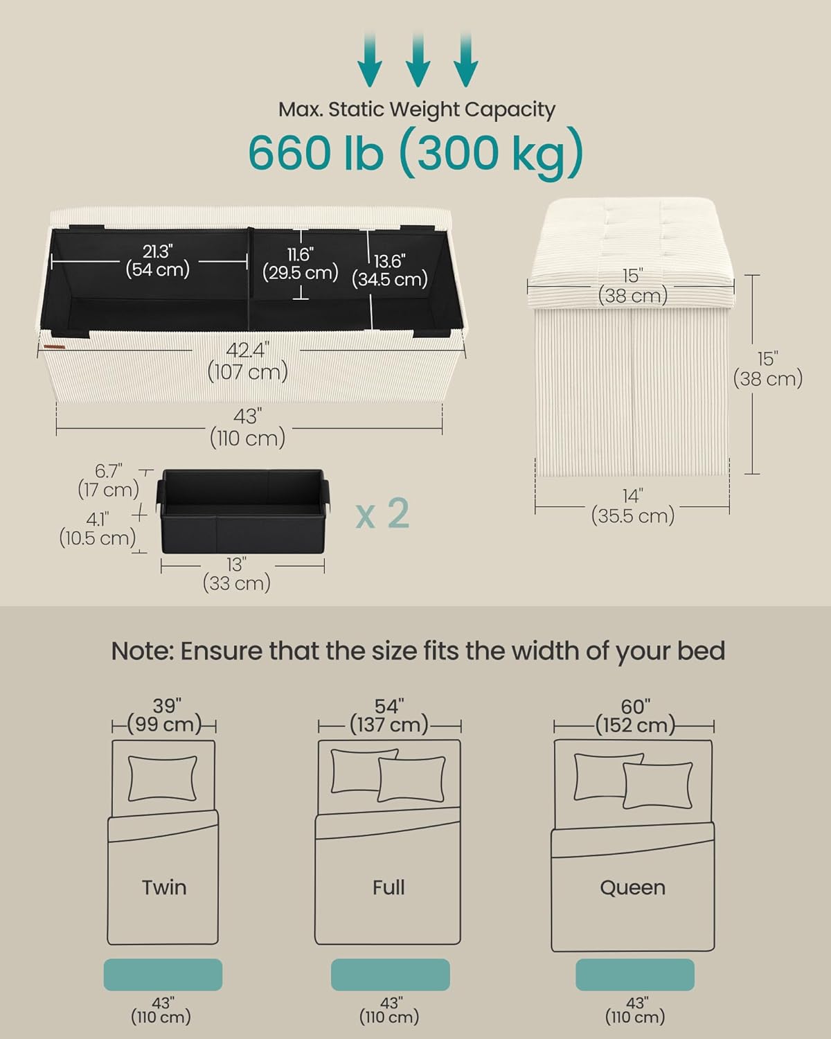 SONGMICS MAZIE Collection - Storage Ottoman Bench, Foldable Foot Rest, 15 x 43 x 15 Inches, End of Bed Bench, Storage Chest, Load 660 lb, Living Room, Bedroom, Entryway, Cream White ULSF604W01