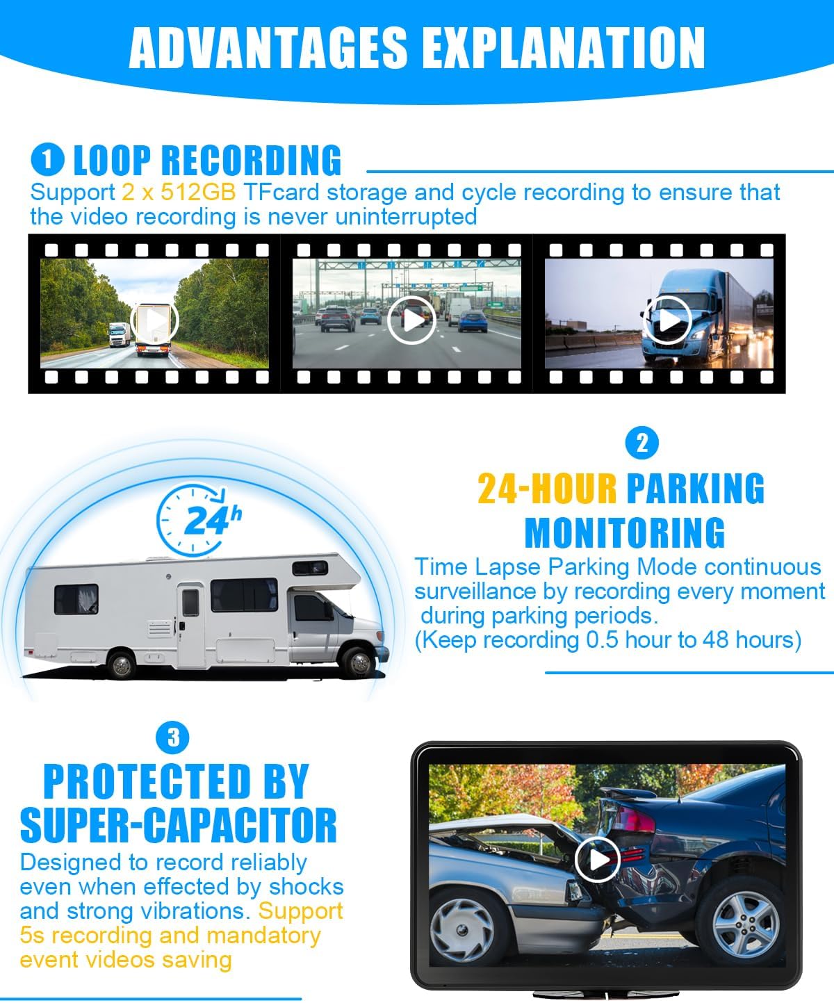 AI 4 Channel Dash Cam 1080P RV Backup Camera System with 10.1 Inch Touch Monitor,Person Detection MDVR Recording with 4pcs IP69K Waterproof Cameras for Truck/Trailer/Camper Van/SUV/Fleet
