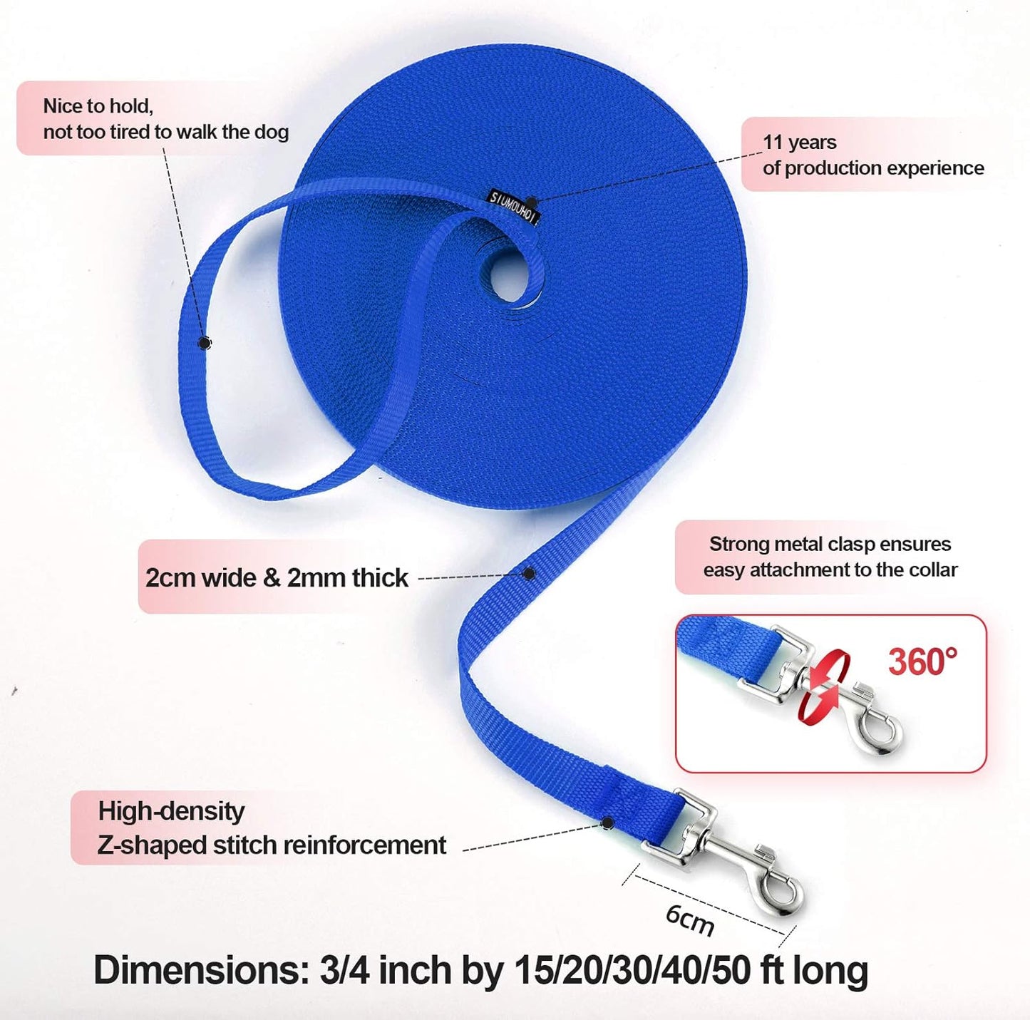 Dog/Puppy Obedience Recall Training Agility Lead - 15ft 20ft 30ft 40ft 50ft Training Leash - Great for Play, Camping, or Backyard - Blue 50ft (Blue, 50 Feet)