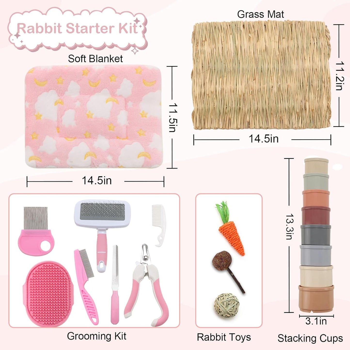 25 Pcs Large Rabbit Starter Kit, Bunny Litter Box with Drawer Animal Grooming Kit Stacking Cups Bowl Blankets Mat with Cleaning Set for Adult Guinea Pig, Ferret, Hamster, Bunnies Accessories (Pink)