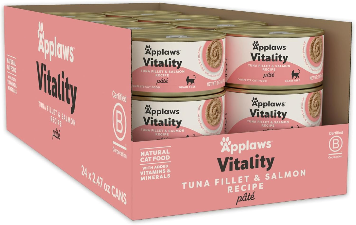 Applaws Vitality Wet Cat Food Paté, Natural Canned Cat Food, Wet Food for Cats with Added Vitamins and Minerals, Grain Free, Carrageenan Free, Tuna Fillet and Salmon Recipe (24 Count, 2.47 oz Cans)