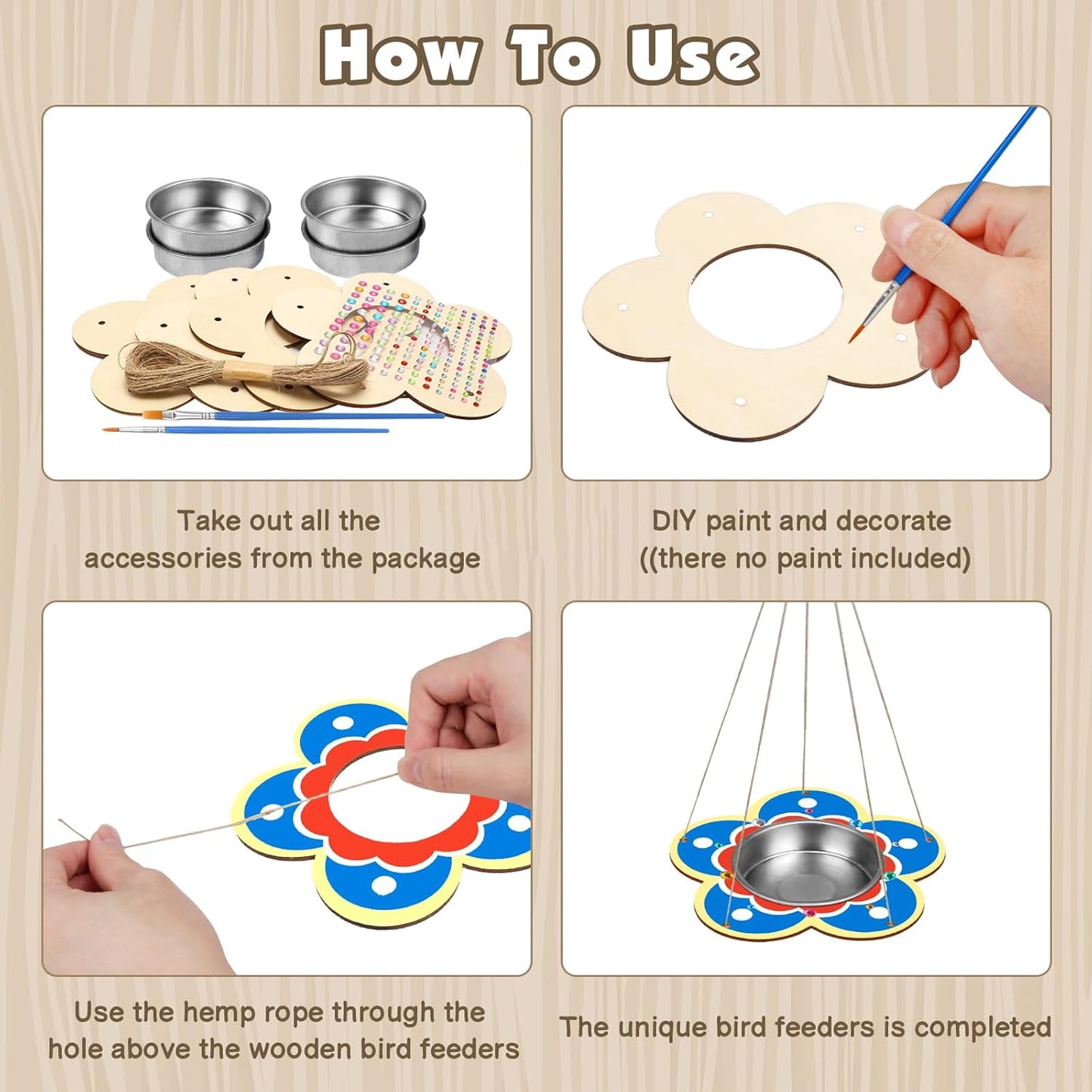 Fennoral 4 Pack Bird Feeder Kits for Kids Make Your Own Bird Feeders Wooden Art and Craft for Girls Boys Ornaments DIY to Paint Craft for Spring Garden Outdoor Decoration Summer Activities Project