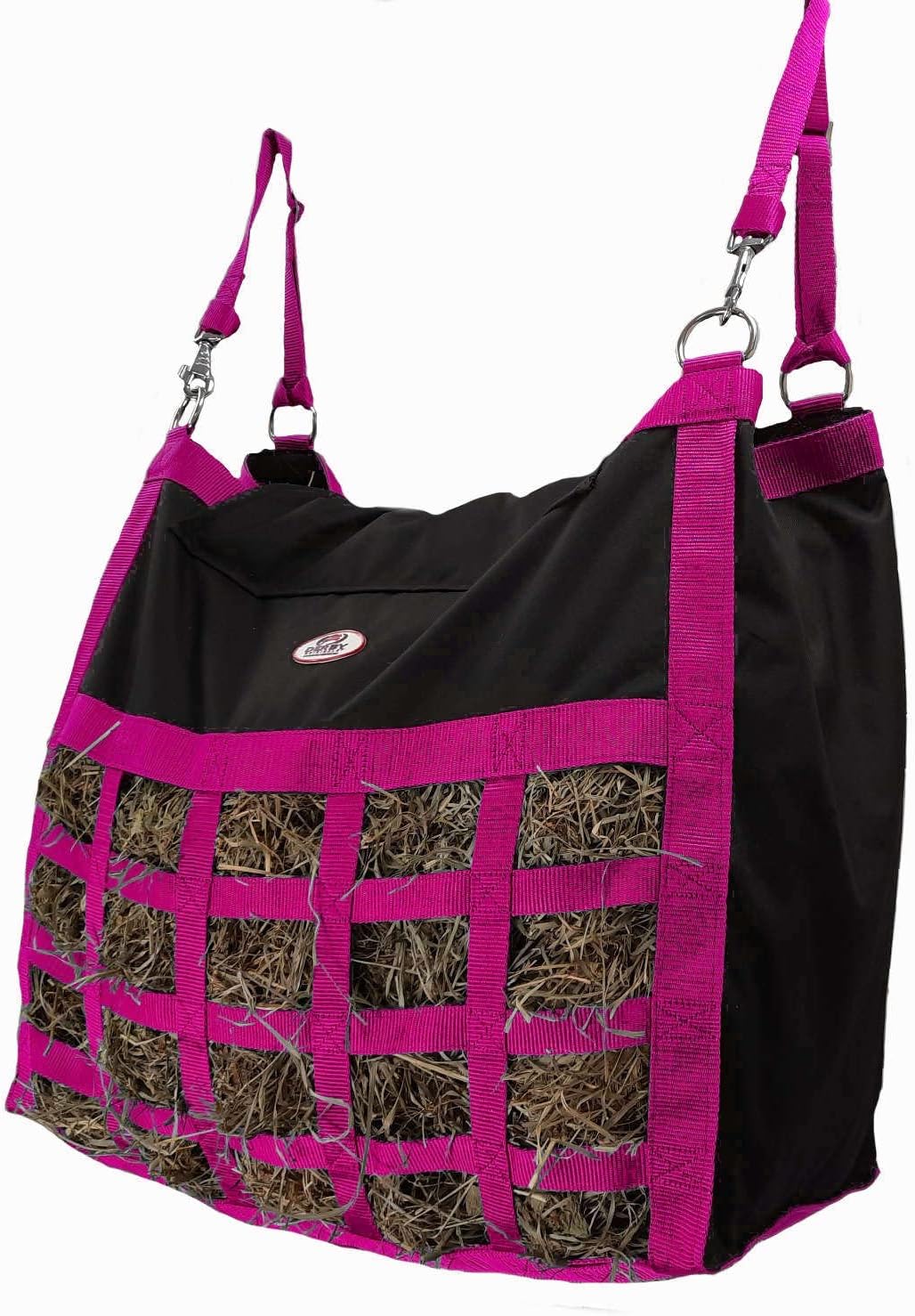 Supreme Slow Feed Top Load Hay Bag with Super Tough Bottom and 6 Month Warranty (Black and Pink)