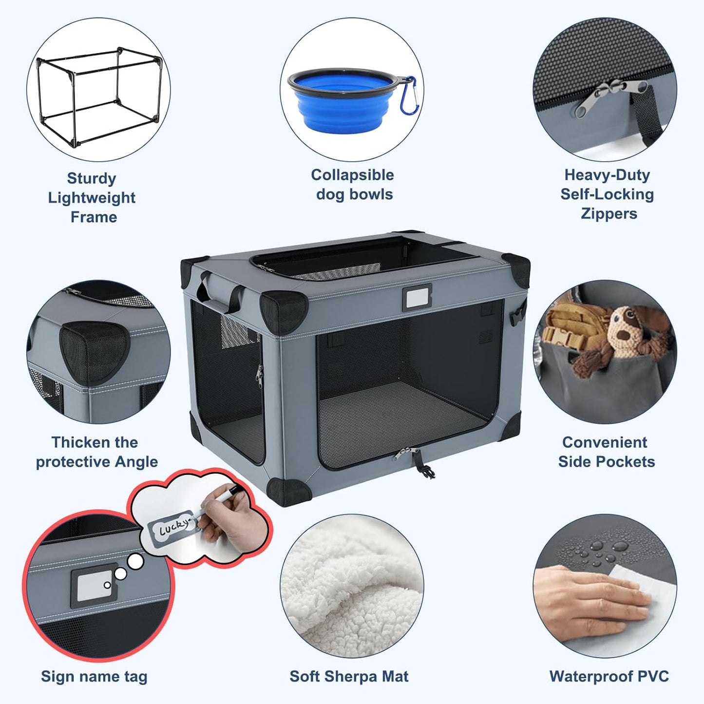 36 Inch Soft Dog Crates, Portable Travel Crate for Large Dogs, 3-Door Foldable Soft Kennel with Mesh Windows for Indoor & Outdoor Travel, with Blanket and a Foldable Bowl