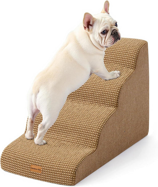 Gardner Pet Dog Stairs for Small Dogs 19.7" H, 4-Step Brown Curved Pet Stairs, Dog Steps for High Bed (18-24 in), Couch with Durable Non-Slip Waterproof Fabric Cover and CertiPUR-US Certified Foam