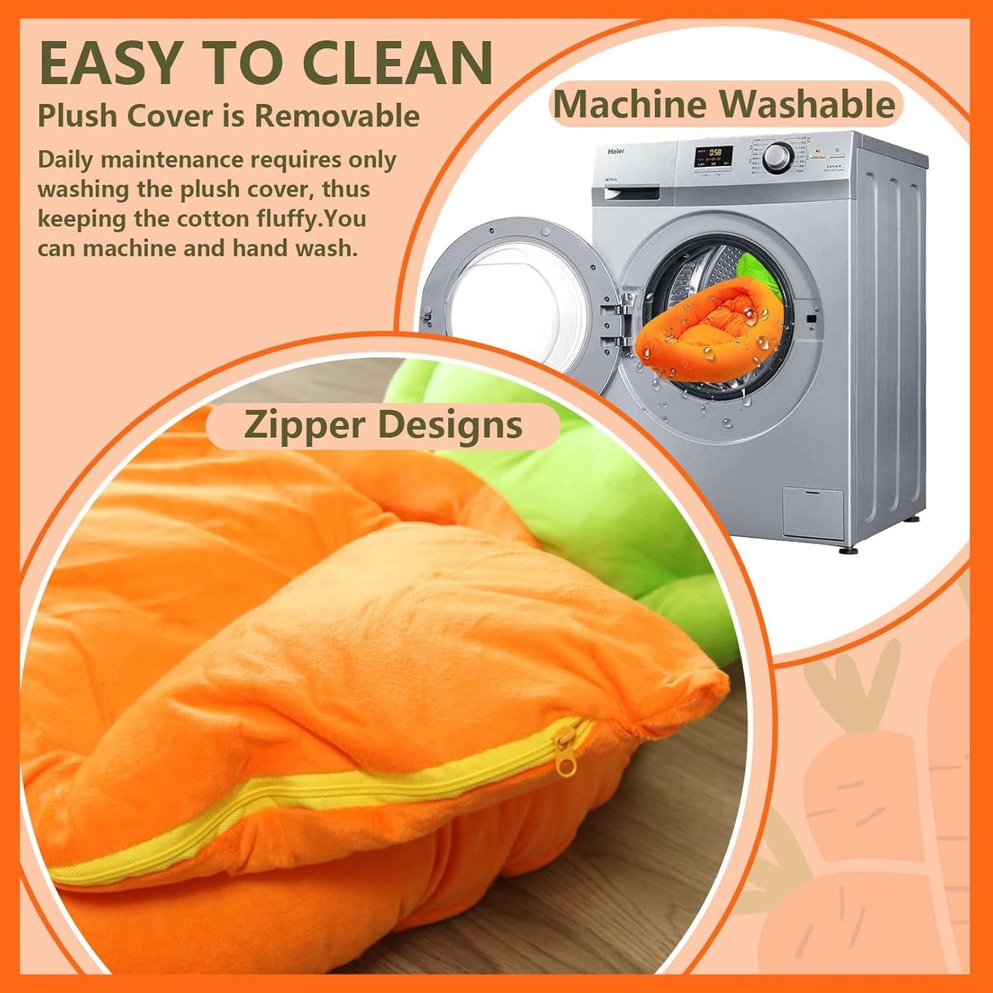 Rabbit Bed,Thick&Soft Bunny Bed with Removable Cushion,Machine Washable with Rattan Mat & Heart Decor,Cozy Warm Small Animal Sleeping Beds (Carrot Shape-L)