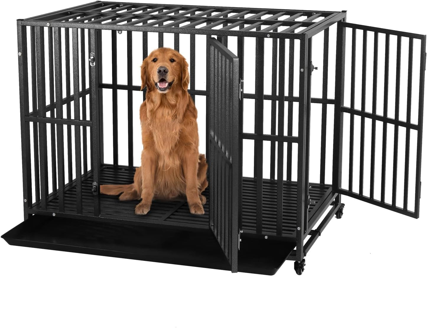 LUCKUP Heavy Duty Dog Crate-38 inch Large Metal Dog Cage with 2 Doors and 4 Wheels, Stackable Dog Kennel for Large & Medium Dogs, Removable Tray