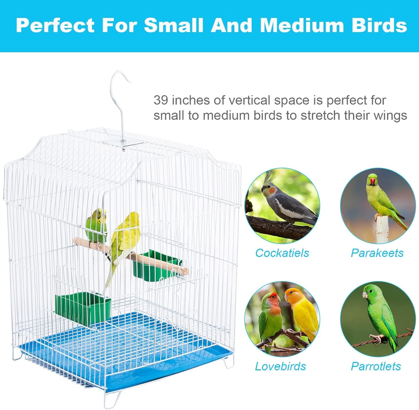 Small Bird Travel Cage-Lightweight Small Birds Starter Kit with Birdcages and Accessories Great for Parakeets Lovebirds Parrotlets Finches Canaries Blue Removable Plastic Tray Include