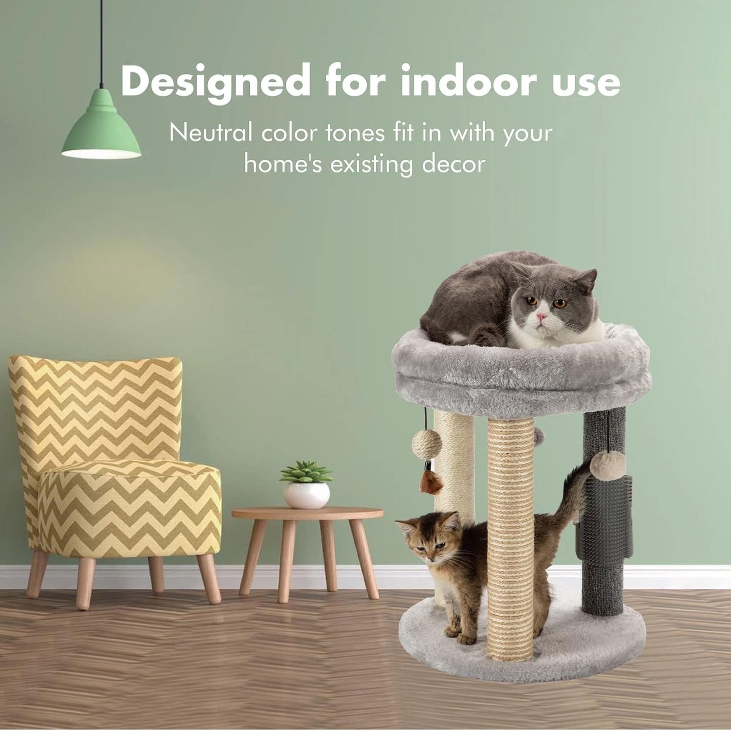 MECOOL 4in1 Small Cat Tree,Scratching Post with Tower Soft Bed, Sisal Carpet Jute Posts with Three Hanging Ball Toys and Massage Brush for Indoor Cats and Kittens