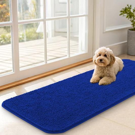 OLANLY Dog Door Mat for Muddy Paws 47x17, Absorbs Moisture and Dirt, Absorbent Non-Slip Washable Doormat, Quick Dry Chenille Mud Mat for Dogs, Entry Indoor Entryway Carpet for Inside Floor, Royal Blue