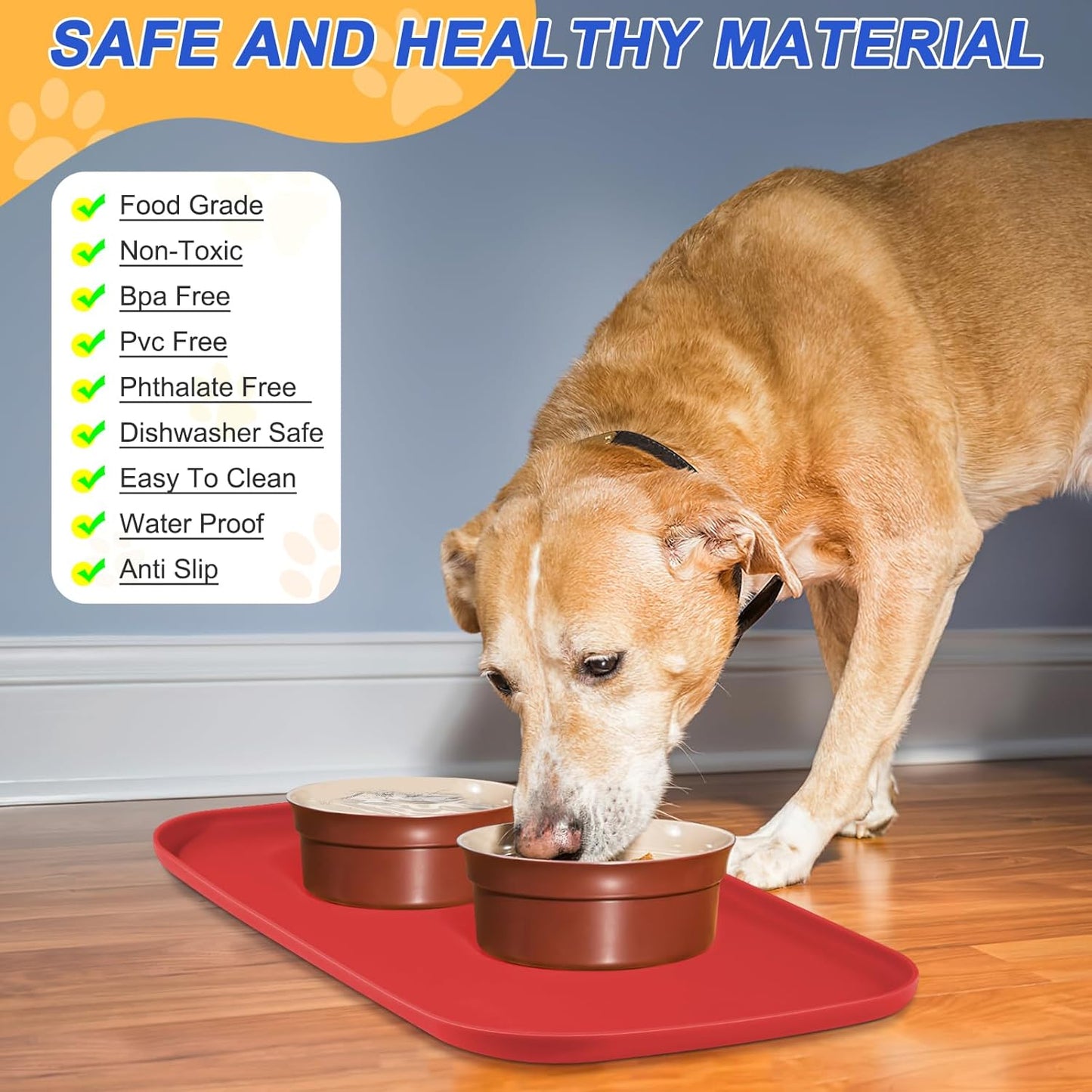 Silicone Pet Feeding Mat with Raised Edge for Food and Water, Dog Bowl Mats, Cat Bowls Placemat with High Lip for Floor Waterproof, Rubber Tray for Cats and Dogs 19 x 12 x0.7 Red