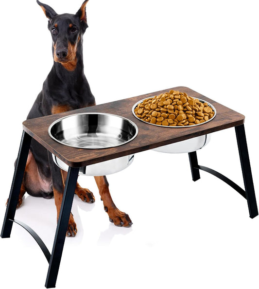 Elevated Dog Bowls for Medium and Large Dogs Wood Raised Bowl Stand with Two 1700ML (58oz) Stainless Steel Dog Food and Water Bowls,Non-Slip