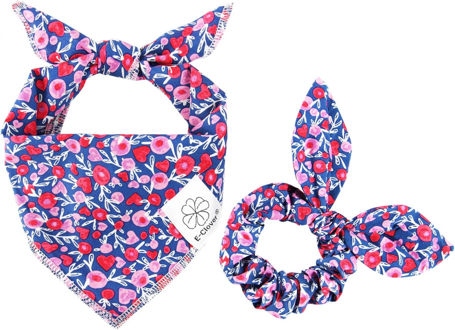 E-Clover Cute Girl Dog Bandanas & Matching Scrunchie Set Heart Dog Bandana Scarf with Bow Hair Ties for Small Puppy Dogs Pet Owner Mom Gifts Pink Floral