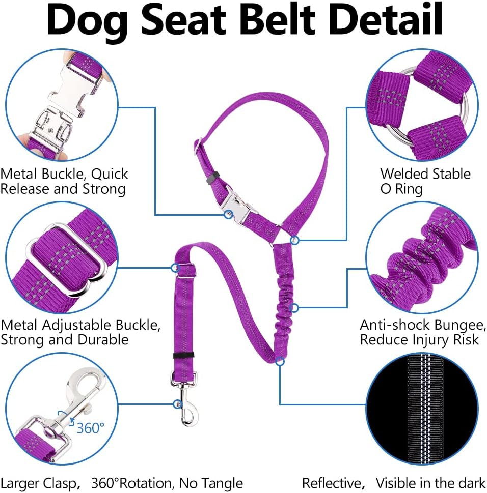 Plutus Pet Dog Seat Belt for Car Headrest, Reflective and Adjustable Restraint with Elastic Bungee for Safety, Vehicle Seatbelt Harness for Small Medium Large Dogs and Cats