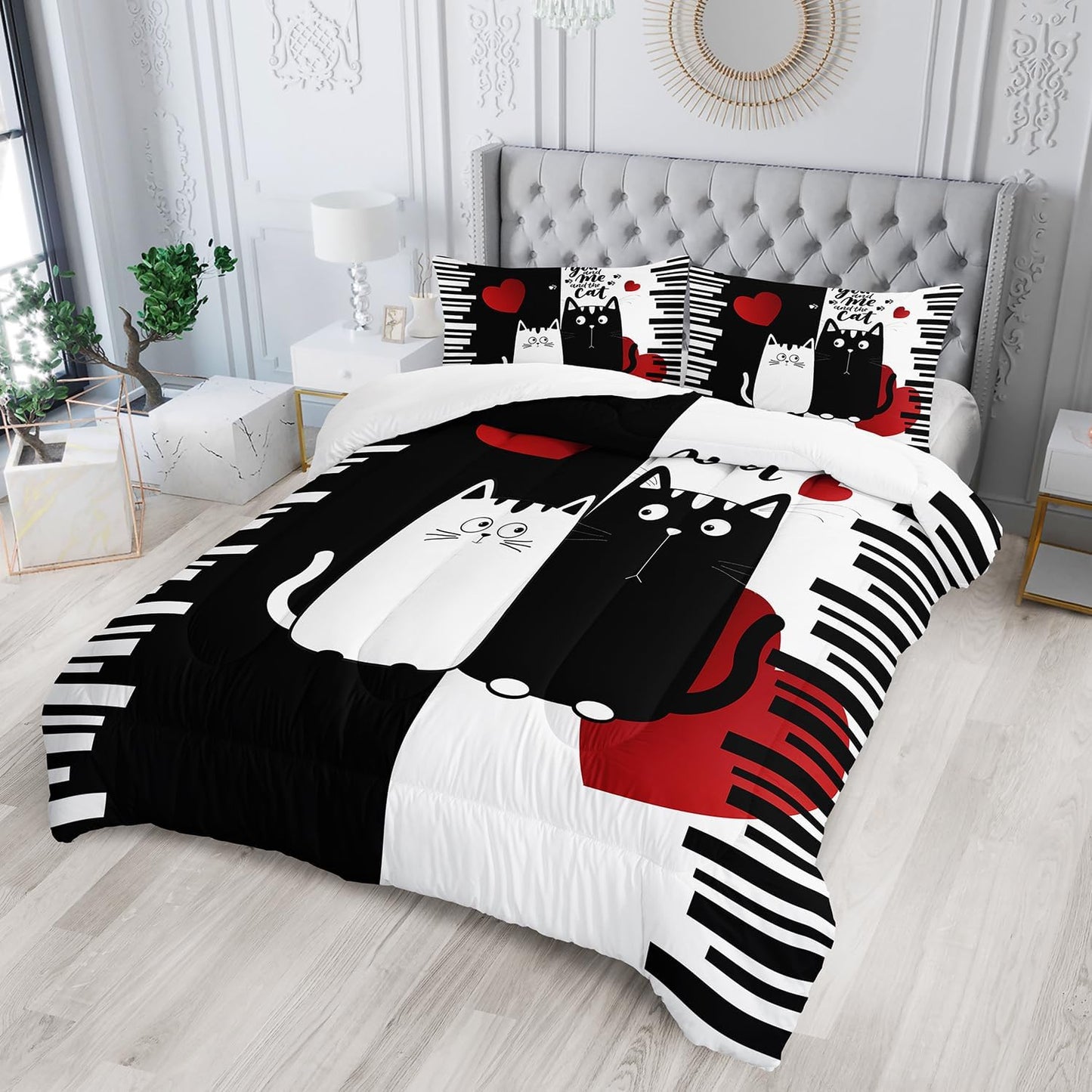 Kawaii Pet Cat Themed Comforter 3Pcs Twin Lover's Kitten Animal Bedding Set for Cat Lover Kid Teen Girl Boy Black White Cat Heart Pattern Quilt Bed Decor with 1 Comforter and 2 Pillowcases